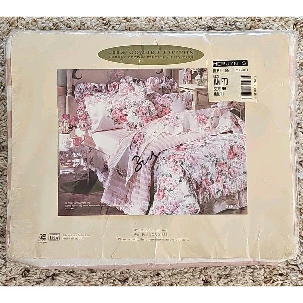 Vtg Utica Serina Luxury Percale Twin Fitted Sheet NEW USA Cotton Pink Stripe